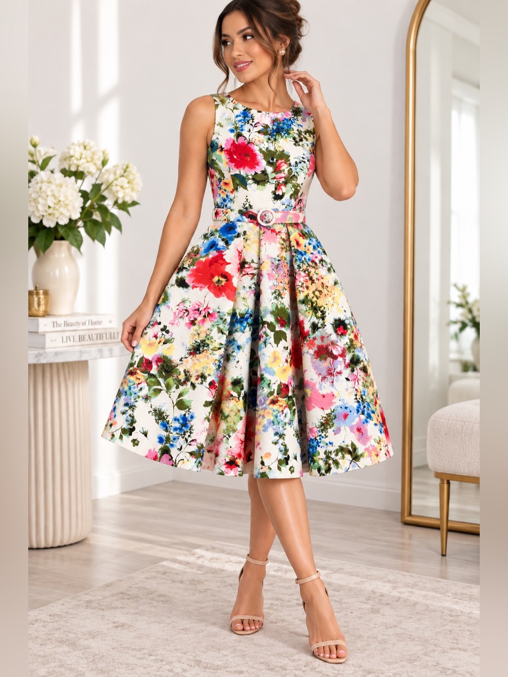 Danny & Nicole White Floral Fit-and-Flare Midi Dress